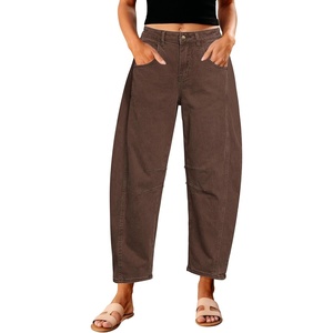 image:imageGRAPENT Barrel Jeans for Women Trendy High Waisted Wide Leg Baggy Cropped Relax Fit Stretch Denim Trouser Ankle PantsChocolate Brown