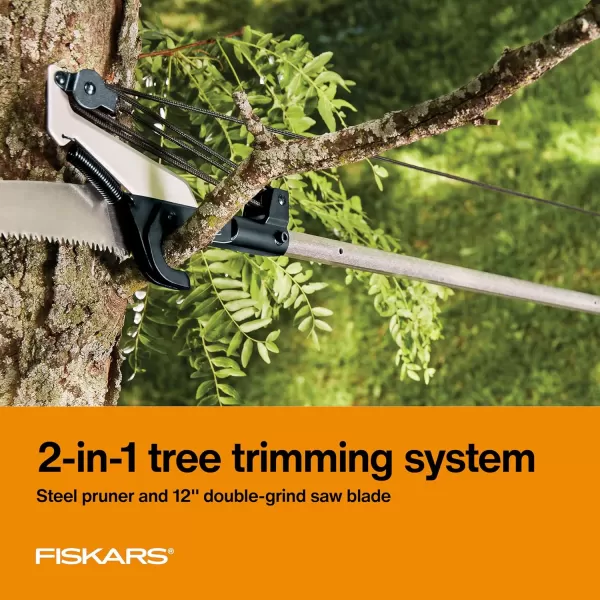 Fiskars 2in1 Extendable Tree Pruner and Pole Saw Extends to 12 feet with 12Inch DoubleGrind Saw and Double Locking SystemPole Saw  Pruner