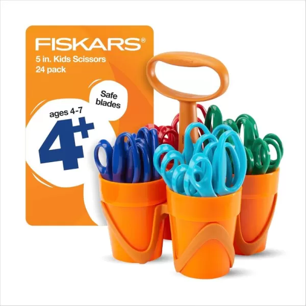 Fiskars 5quot PointedTip Scissors Classpack for Kids Ages 47 with Art Caddy Organizer 24Pack Kids Scissors for School or Crafting Back to School Supplies Assorted Colors