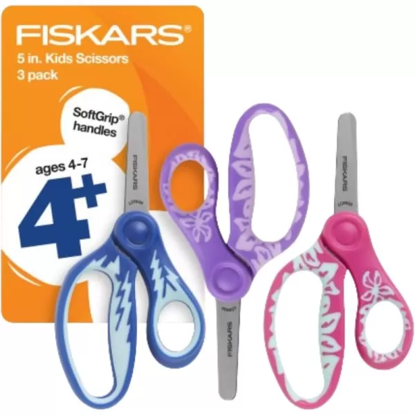 Fiskars 5quot SoftGrip BluntTip Scissors for Kids Ages 47 3Pack Scissors for School or Crafting Back to School Supplies Blue Purple and Pink DesignsBlue  Purple  Pink