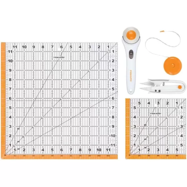 Fiskars Crafts Essentials 5Piece Set  45mm Blade Rotary Cutter for Fabric Self Healing Cutting Mat and Sewing Ruler  Craft Supplies  WhiteGray