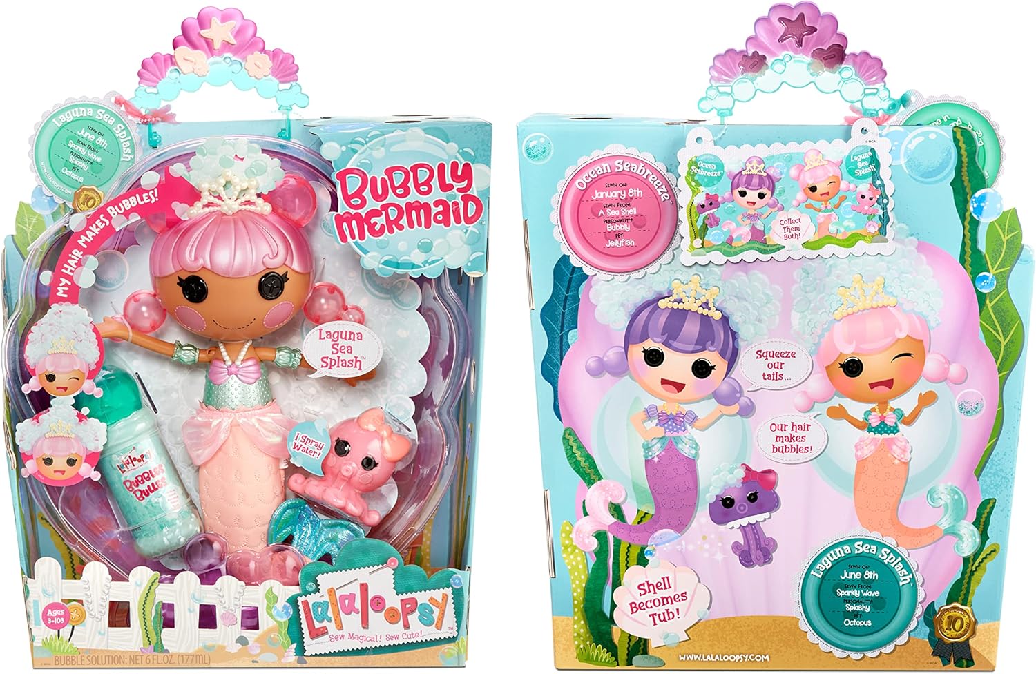 Lalaloopsy Bubbly Mermaid Doll Laguna Sea Splash ampamp Pet Octopus Dolls Hair Makes Bubbles ampamp Pet Squirts Water Shell tub Bubbles Solution ampamp Reusable Packaging Playhouse for Ages 3103 578963