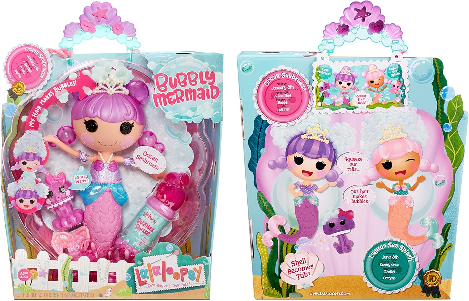 Lalaloopsy Bubbly Mermaid Doll Ocean Seabreeze ampamp Pet Jellyfish Dolls Hair Makes Bubbles ampamp Pet Squirts Water Shell tub Bubbles Solution ampamp Reusable Packaging Playhouse for Ages 3103 578970