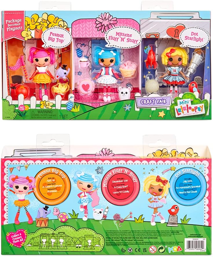 Lalaloopsy Mini Craft Fair Dolls ampamp Pets  3Pack with Peanut Big Top Mittens Fluff Dot Starlight Accessories ampamp Playset