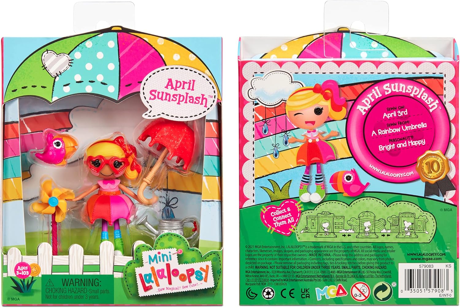 Lalaloopsy Mini Doll  April Sunsplash with Mini Pet Toucan 3quot Colorful Doll with Umbrella Watering can ampamp More Accessories in Reusable Package playset for Ages 3103Multicolor579083