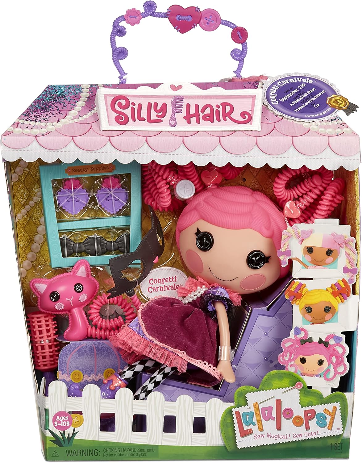 Lalaloopsy Silly Hair Doll  Confetti Carnivale with Pet Cat 13quot Masquerade Ball Party Theme Hair Styling Doll with Pink Hair ampamp 11 Accessories in Reusable Salon Package playset for Ages 3103