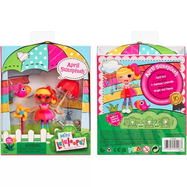 Lalaloopsy Mini Doll  April Sunsplash with Mini Pet Toucan 3quot Colorful Doll with Umbrella Watering can ampamp More Accessories in Reusable Package playset for Ages 3103Multicolor579083