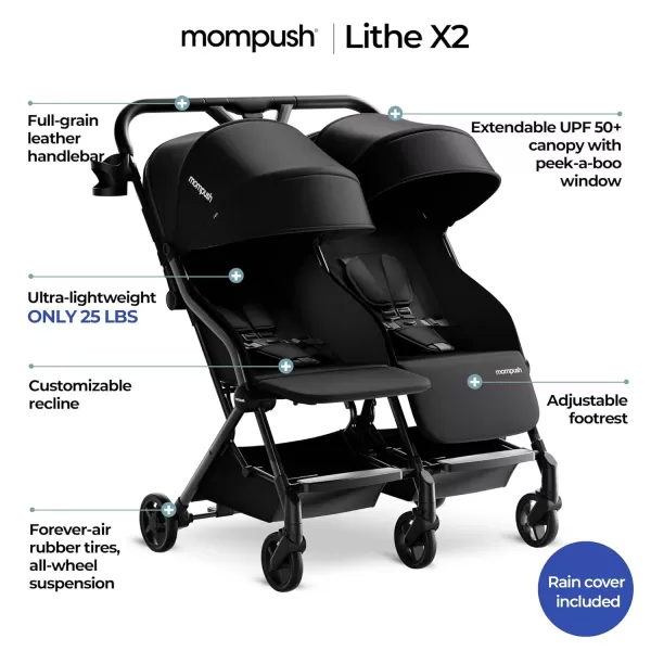 imageMompush Lithe Double Ultralight Stroller Lightweight Side by Side Stroller Two Large Seats with Individual Recline Easy Fold Twin StrollerBlack