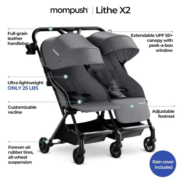 imageMompush Lithe Double Ultralight Stroller Lightweight Side by Side Stroller Two Large Seats with Individual Recline Easy Fold Twin StrollerGrey