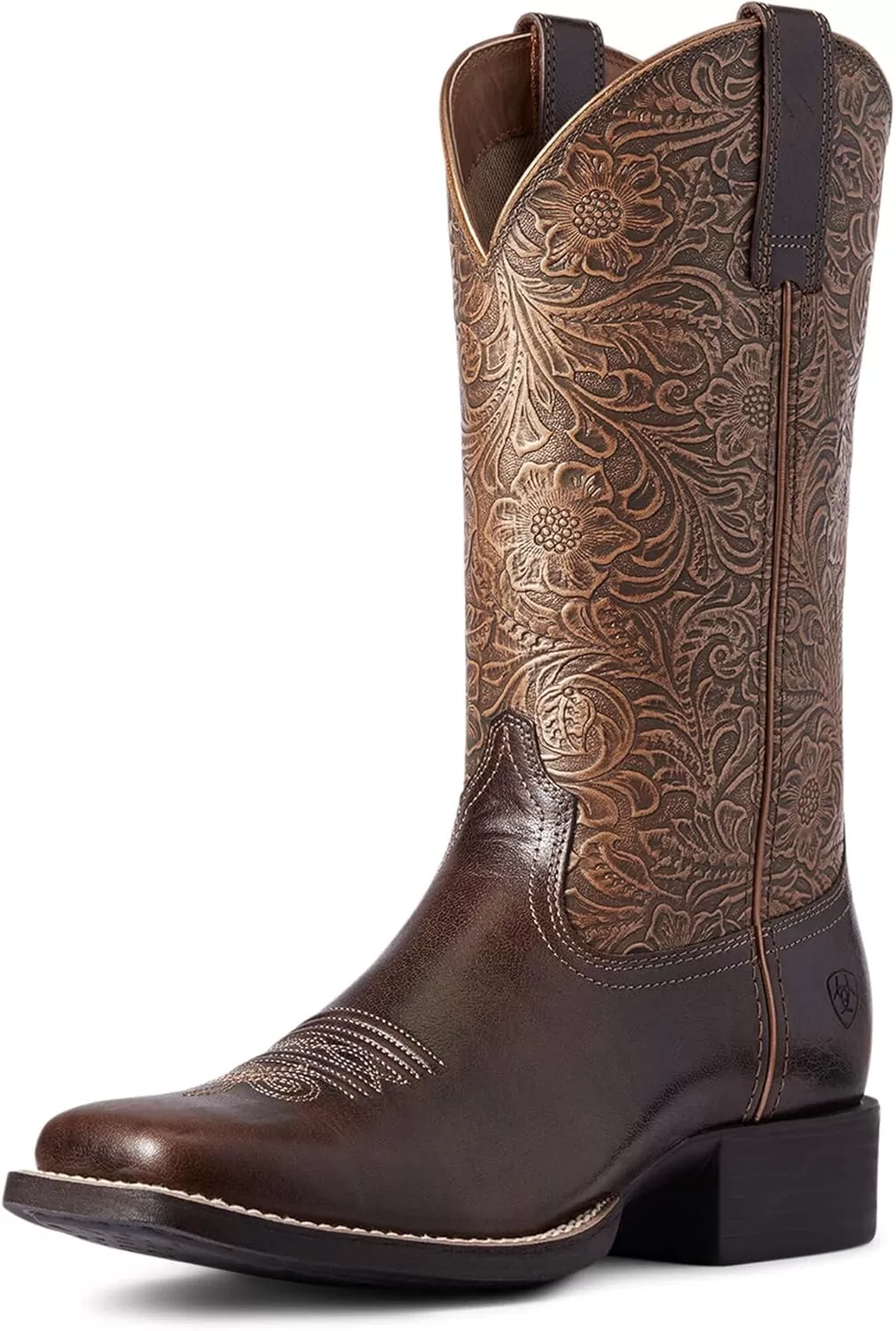 imageAriat Womens Round Up Wide Square Toe Western BootArizona BrownCopper Floral Emboss