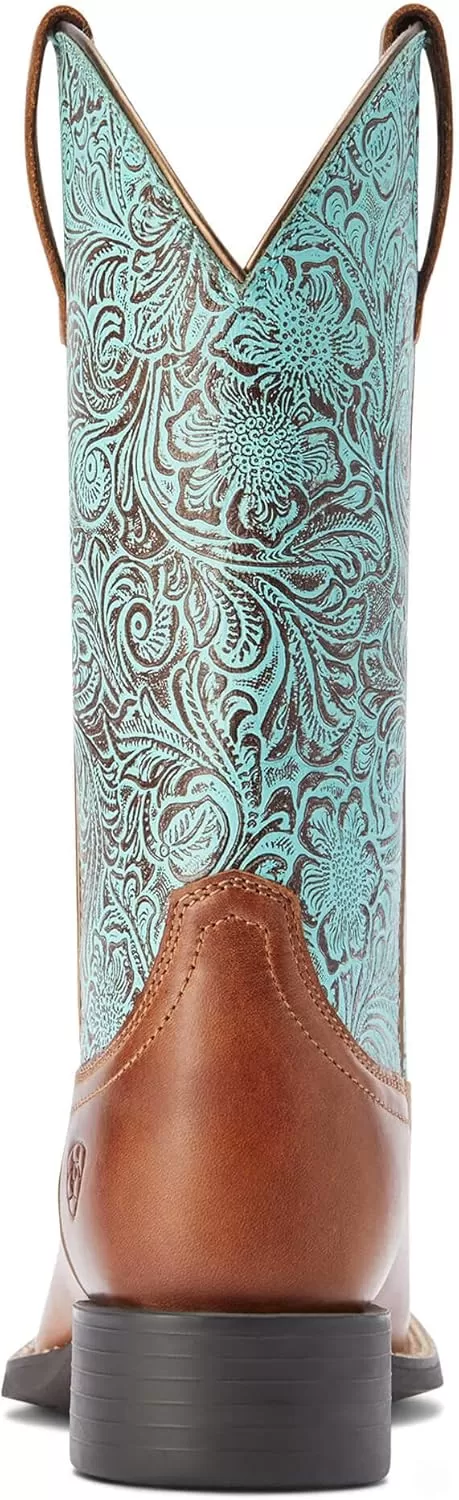imageAriat Womens Round Up Wide Square Toe Western BootBeduino BrownTurq Floral Emboss