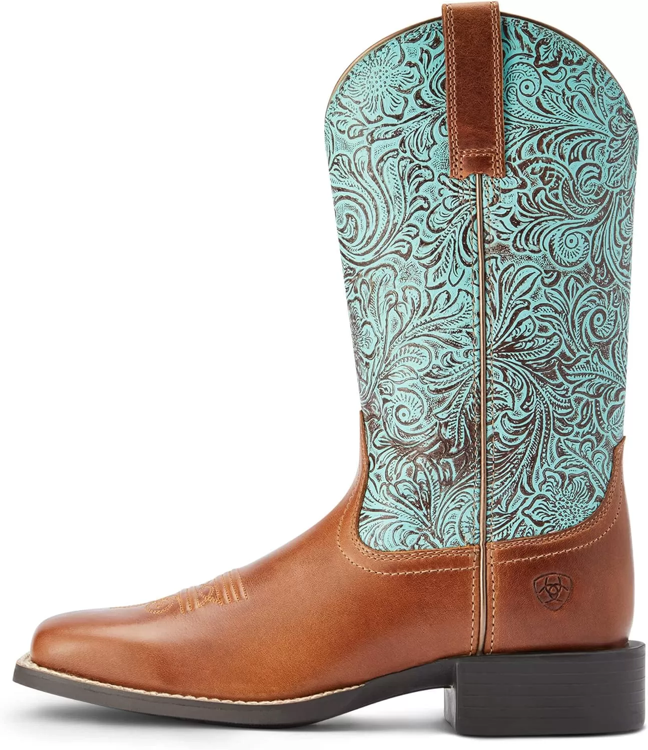 imageAriat Womens Round Up Wide Square Toe Western BootBeduino BrownTurq Floral Emboss