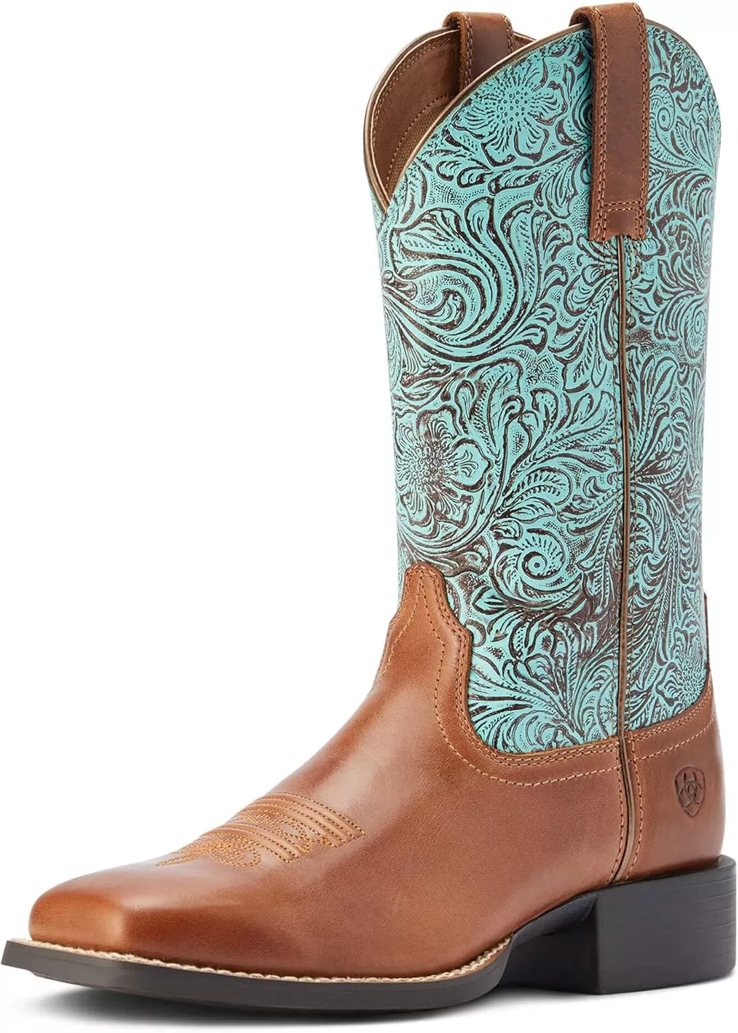 imageAriat Womens Round Up Wide Square Toe Western BootBeduino BrownTurq Floral Emboss