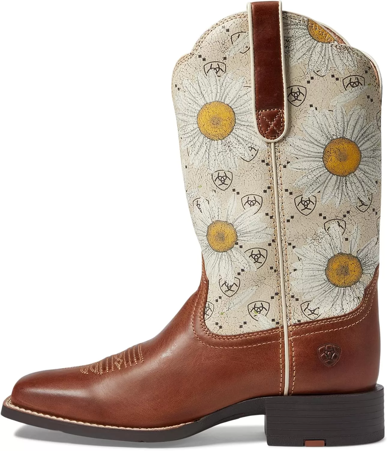imageAriat Womens Round Up Wide Square Toe Western BootCanyon BrownDaisy Logo Print