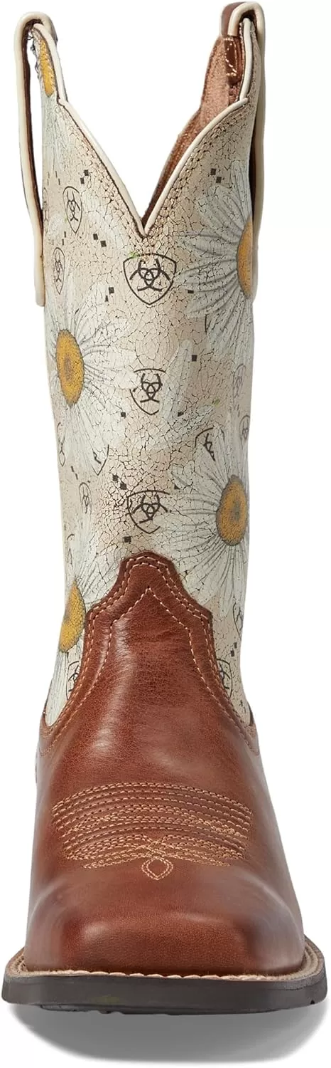imageAriat Womens Round Up Wide Square Toe Western BootCanyon BrownDaisy Logo Print