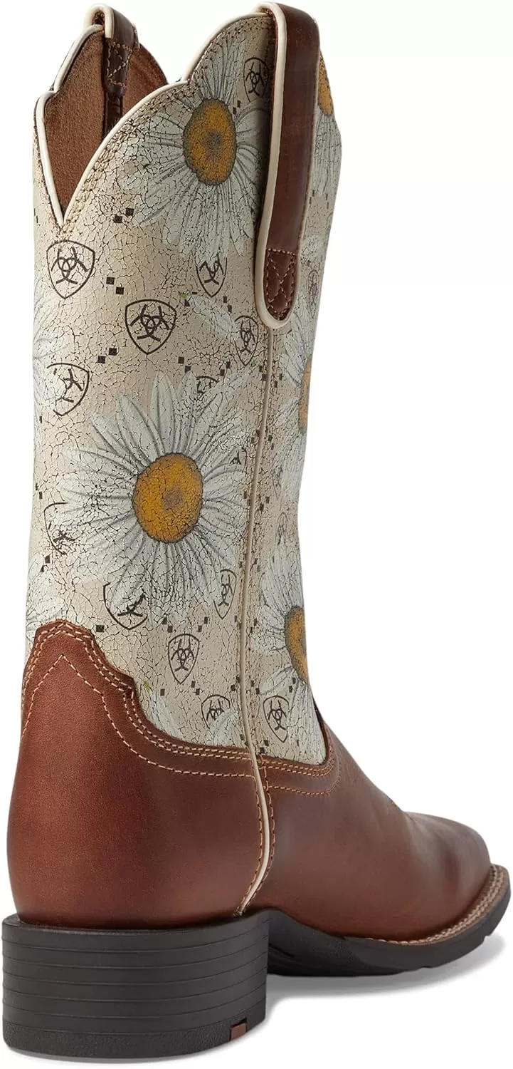 imageAriat Womens Round Up Wide Square Toe Western BootCanyon BrownDaisy Logo Print