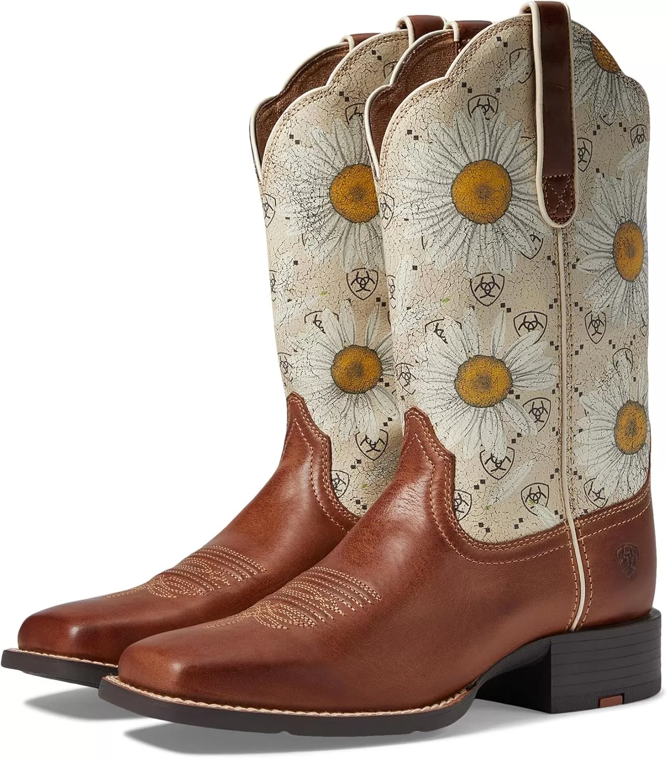 imageAriat Womens Round Up Wide Square Toe Western BootCanyon BrownDaisy Logo Print