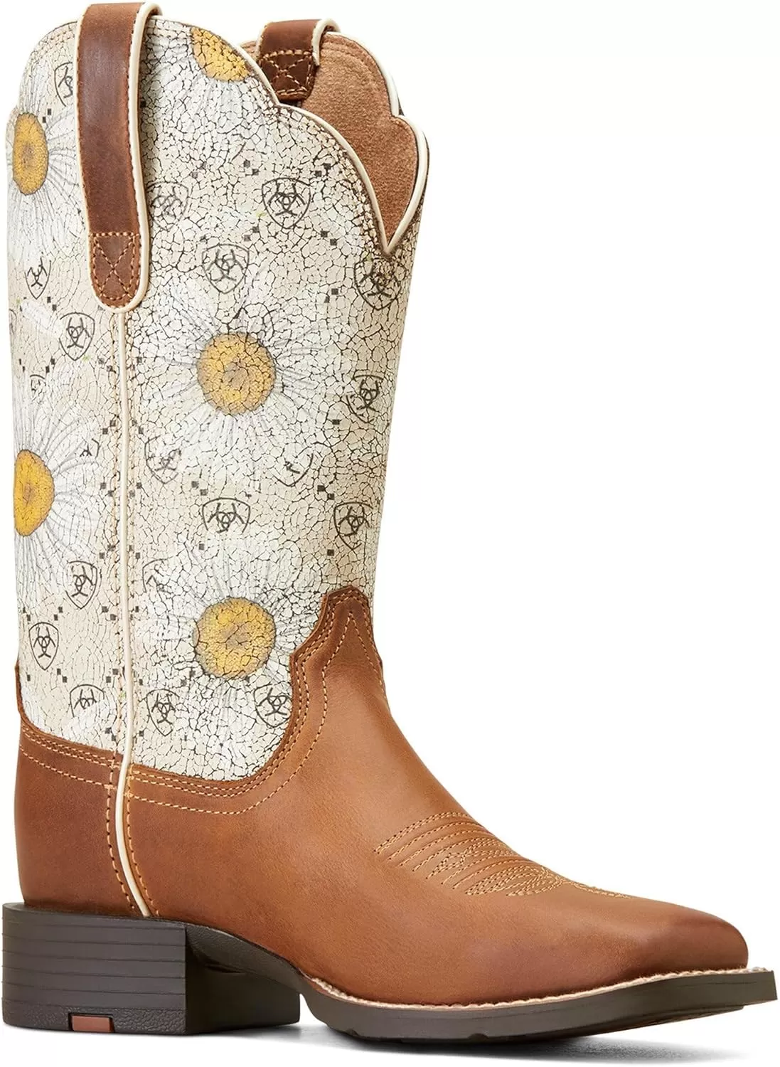 imageAriat Womens Round Up Wide Square Toe Western BootCanyon BrownDaisy Logo Print