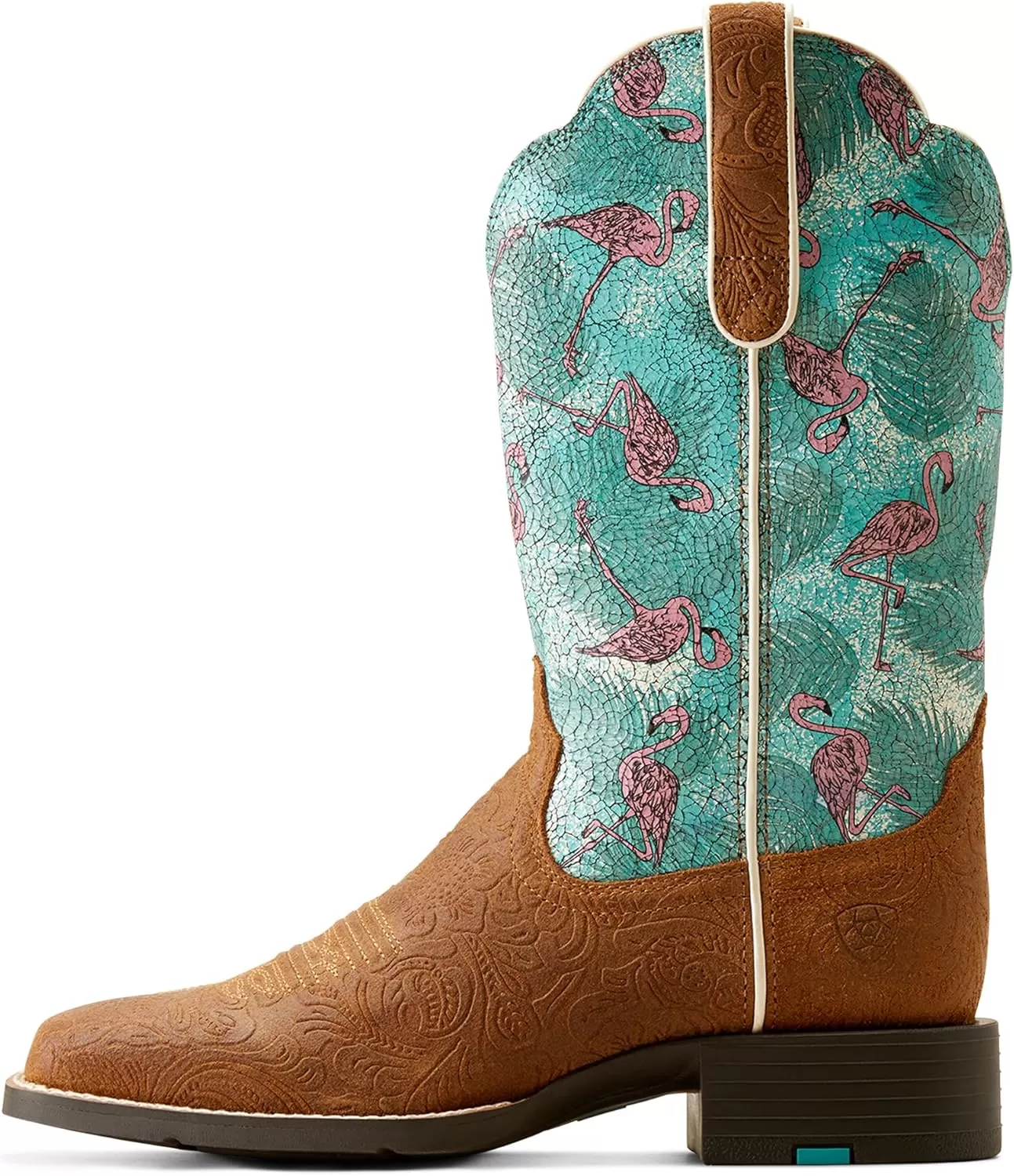 imageAriat Womens Round Up Wide Square Toe Western BootFlock O FlamingosEmbossed Chestnut