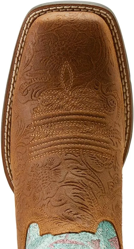 imageAriat Womens Round Up Wide Square Toe Western BootFlock O FlamingosEmbossed Chestnut