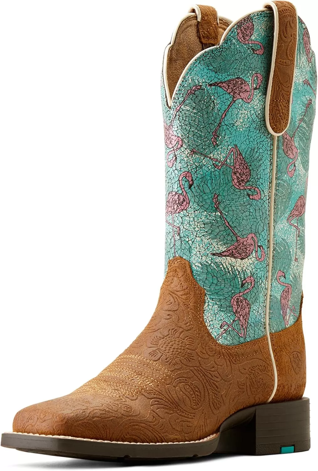 imageAriat Womens Round Up Wide Square Toe Western BootFlock O FlamingosEmbossed Chestnut