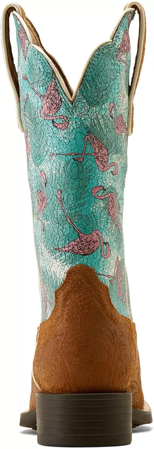 imageAriat Womens Round Up Wide Square Toe Western BootFlock O FlamingosEmbossed Chestnut