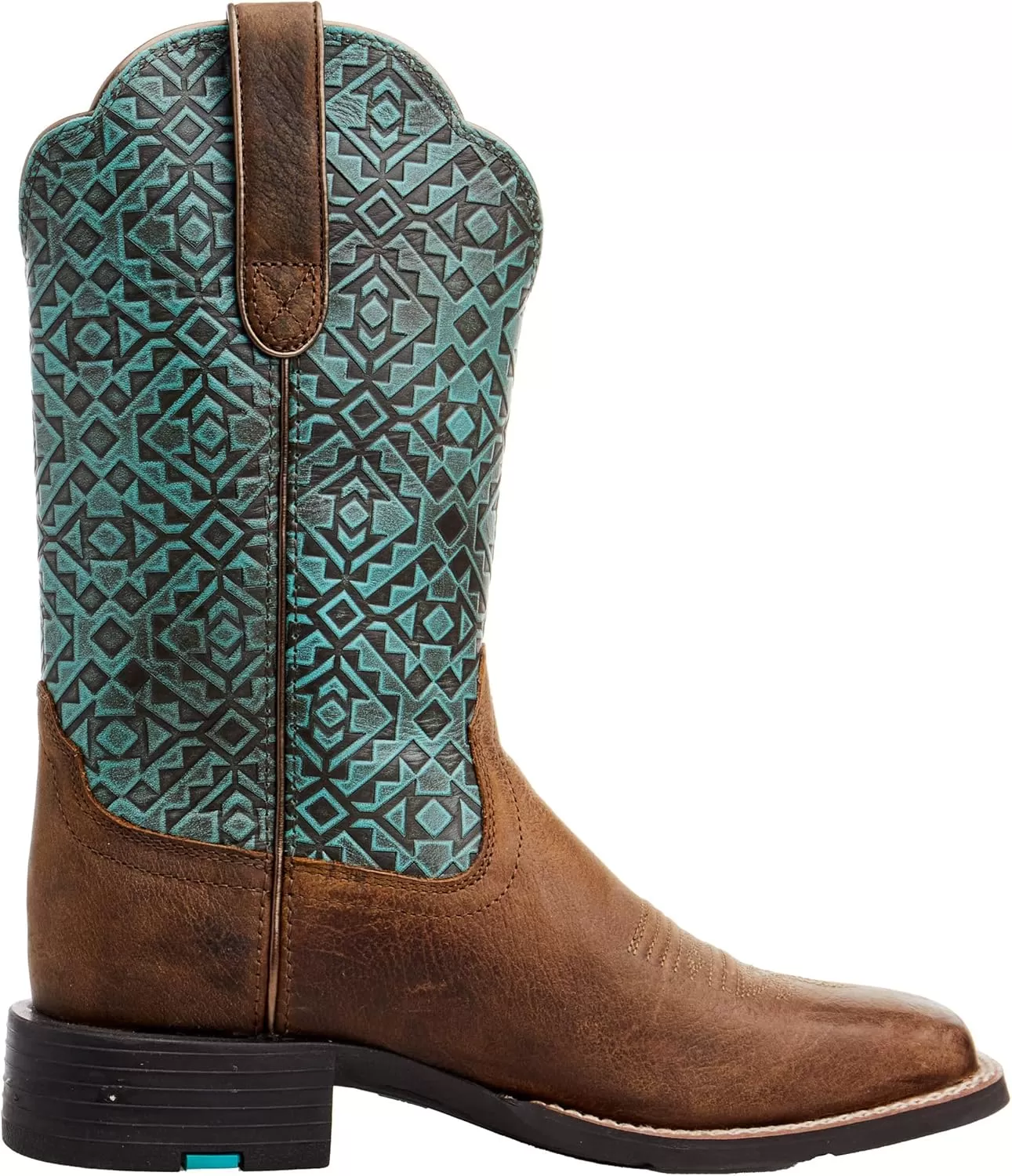 imageAriat Womens Round Up Wide Square Toe Western BootOld EarthTurquoise Blanket Emboss