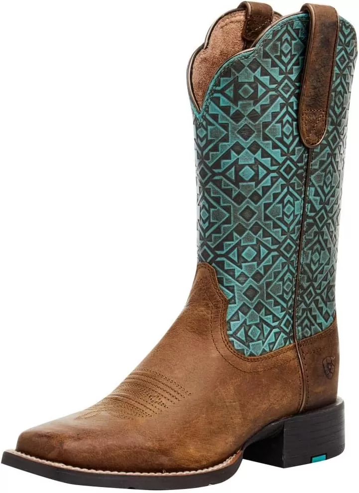 imageAriat Womens Round Up Wide Square Toe Western BootOld EarthTurquoise Blanket Emboss