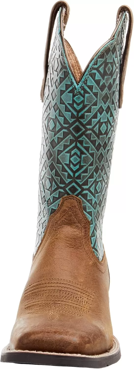imageAriat Womens Round Up Wide Square Toe Western BootOld EarthTurquoise Blanket Emboss