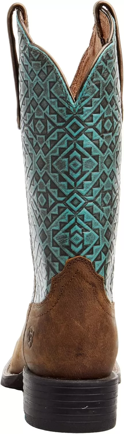 imageAriat Womens Round Up Wide Square Toe Western BootOld EarthTurquoise Blanket Emboss