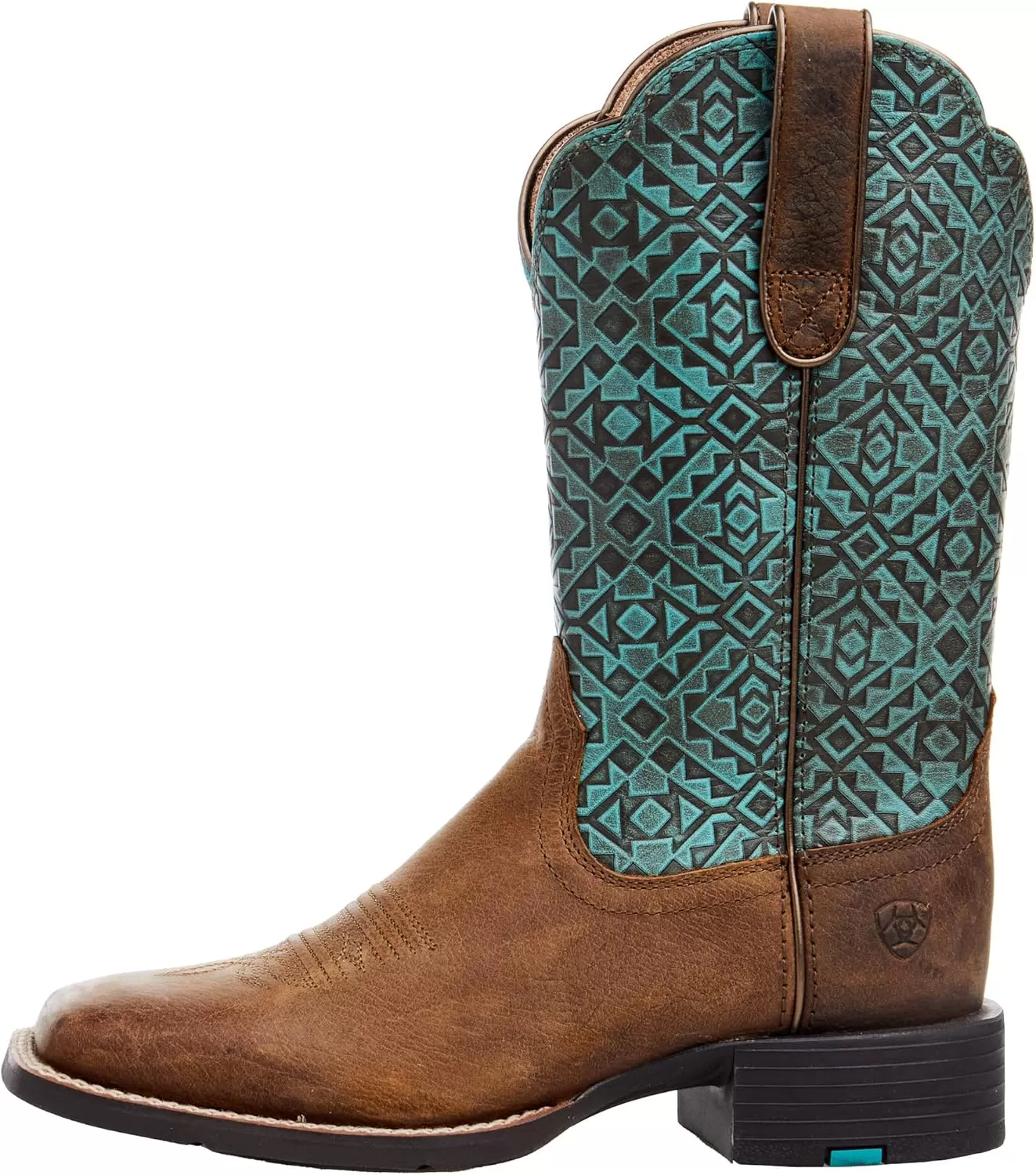 imageAriat Womens Round Up Wide Square Toe Western BootOld EarthTurquoise Blanket Emboss