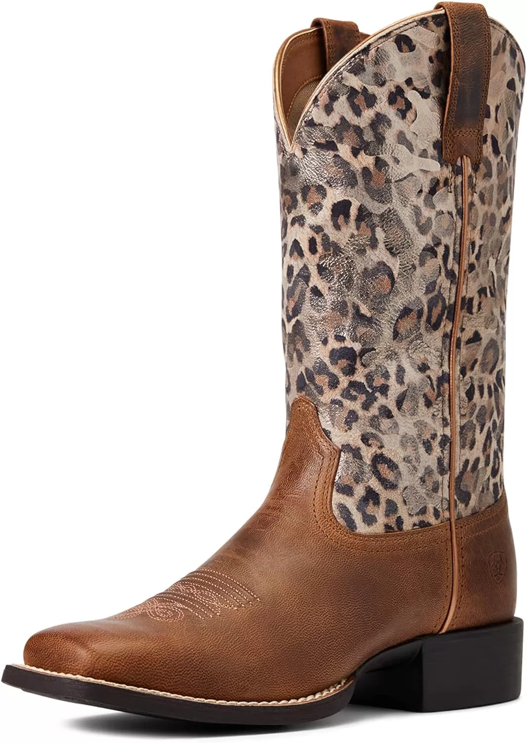 imageAriat Womens Round Up Wide Square Toe Western BootPearl BrownMetallic Leopard