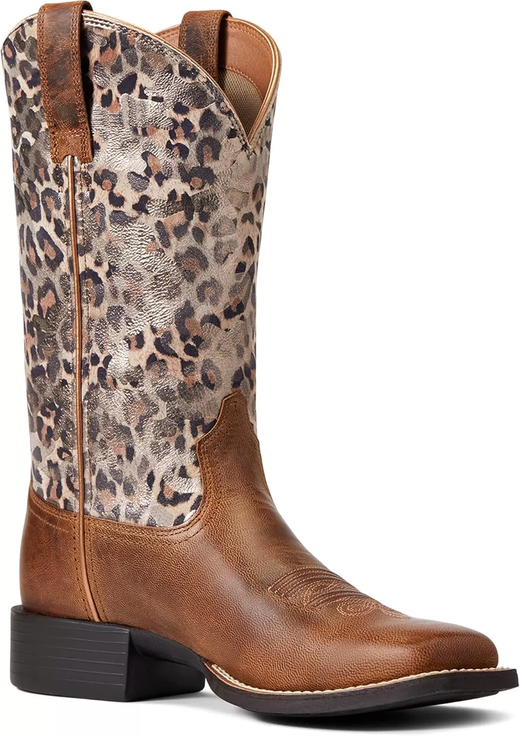 imageAriat Womens Round Up Wide Square Toe Western BootPearl BrownMetallic Leopard