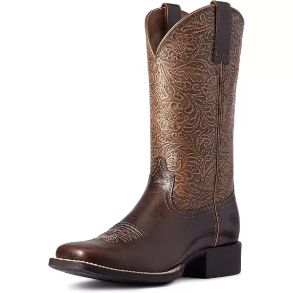 imageAriat Womens Round Up Wide Square Toe Western BootArizona BrownCopper Floral Emboss