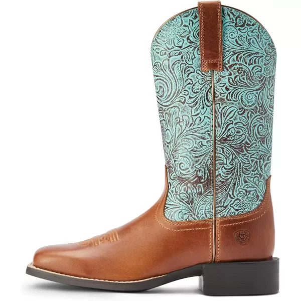imageAriat Womens Round Up Wide Square Toe Western BootBeduino BrownTurq Floral Emboss