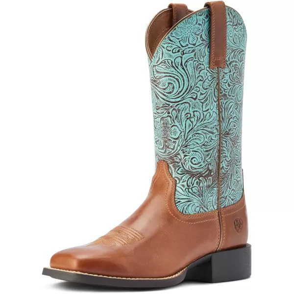 imageAriat Womens Round Up Wide Square Toe Western BootBeduino BrownTurq Floral Emboss