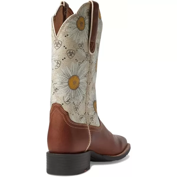 imageAriat Womens Round Up Wide Square Toe Western BootCanyon BrownDaisy Logo Print