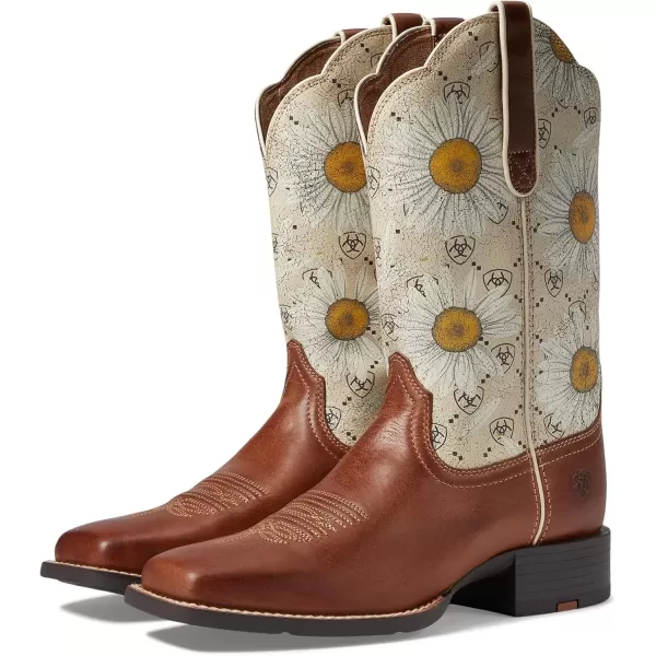 imageAriat Womens Round Up Wide Square Toe Western BootCanyon BrownDaisy Logo Print