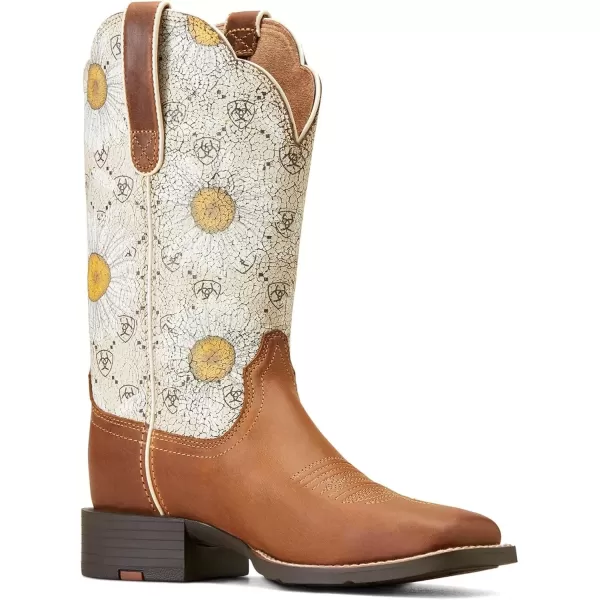 imageAriat Womens Round Up Wide Square Toe Western BootCanyon BrownDaisy Logo Print
