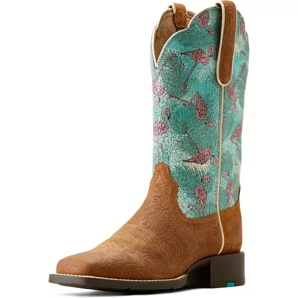 imageAriat Womens Round Up Wide Square Toe Western BootFlock O FlamingosEmbossed Chestnut