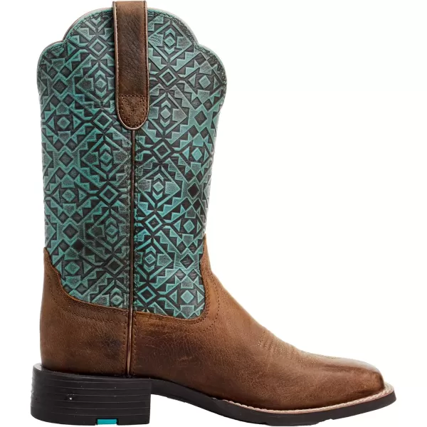 imageAriat Womens Round Up Wide Square Toe Western BootOld EarthTurquoise Blanket Emboss