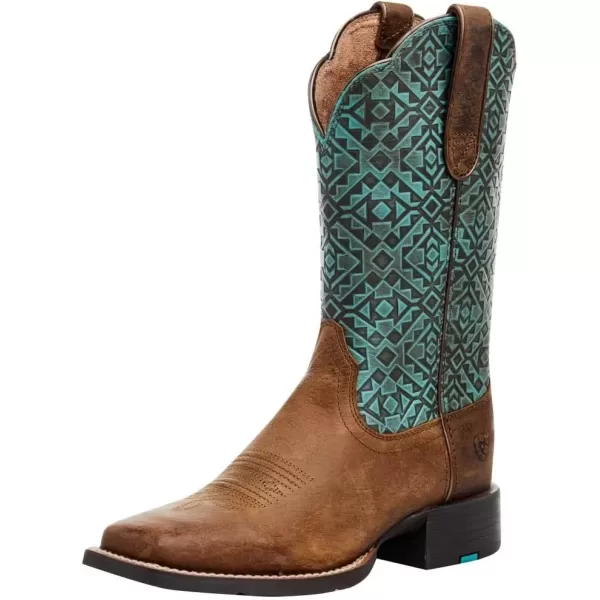 imageAriat Womens Round Up Wide Square Toe Western BootOld EarthTurquoise Blanket Emboss