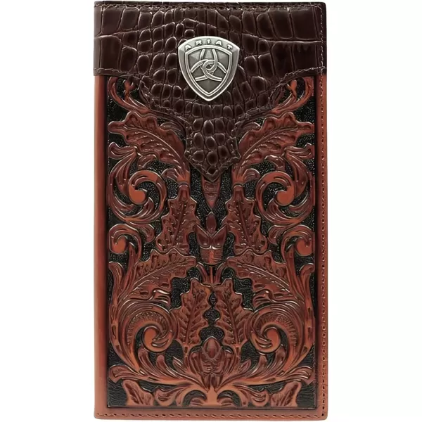 imageAriat Mens Leather Rodeo Wallet  Oak Embossed with Alligator Print Top ampamp Brand ConchoTAN