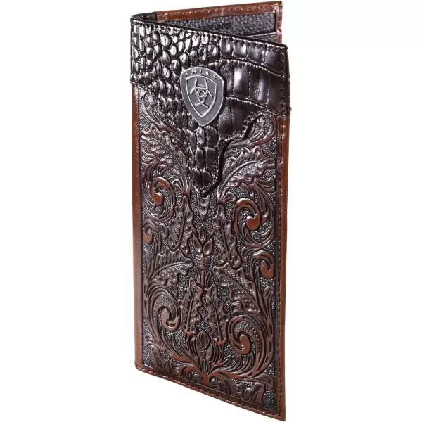imageAriat Mens Leather Rodeo Wallet  Oak Embossed with Alligator Print Top ampamp Brand ConchoTAN