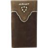 imageAriat Mens Rodeo Wallet Distressed Leather Ivory Trim Embroidered Lettering with Cutout Shield Logo Multiple Compartments ID SlotBrown