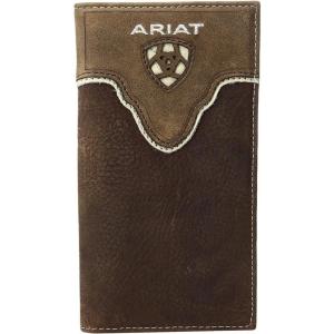imageAriat Mens Rodeo Wallet Distressed Leather Ivory Trim Embroidered Lettering with Cutout Shield Logo Multiple Compartments ID SlotBrown