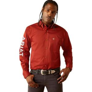 imageARIAT Mens Team Blue Logo Long Sleeve Button Down ShirtDark RedKhaki