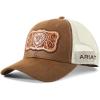 imageARIAT Womens Trucker Cap with Leather Floral Patch and Snapback ClosureBrownTan
