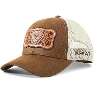 imageARIAT Womens Trucker Cap with Leather Floral Patch and Snapback ClosureBrownTan