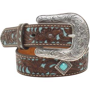 imageMampampF Western Products Youth Brown Floral Belt with Painted Turquoise Inlay